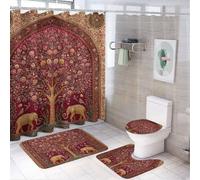 LUYYSKY Beautiful Rustic Boho Tree Shower Curtain Decor Set,Vintage Abstract Indian Mandala Flowers Green Leaves Animal Elephant Bathroom Decor Sets With Rugs,Bathroom Shower Curtain Set