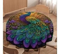 LUYYSKY Beautiful Rustic Elegant Peacock Round Tablecloth Modern Tropical Rainforest Botanical Plants Floral Animal Peacock Washable Decor for Table Cover for Kitchen-60 Wx60 L