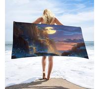 LUYYSKY Beautiful Rustic Fairy Waterfall Absorbent Beach Towel, Classic Modern Art Full Moon Enchanted Forest Pattern Outdoor Single-Sided Velvet Beach Towel-80 W cm x 160" L cm