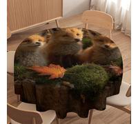 LUYYSKY Beautiful Rustic Fox Waterproof Round Tablecloth Classic Abstract Natural Autumn Woodland Maple Leaves Animals Foxes Washable Table Cover for Kitchen-91.4" Wx91.4 L cm