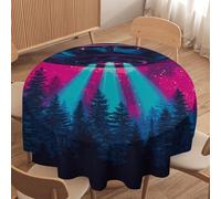 LUYYSKY Beautiful Rustic Funny Spaceship Waterproof Round Tablecloth Modern Abstract Starry Sky Galaxy Pine Forest UFO Washable Table Cover for Kitchen-152.4" Wx152.4 L cm