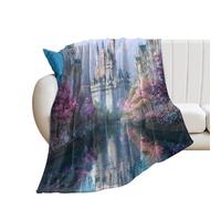 LUYYSKY Beautiful Rustic Magic Castle Flannel Blanket Bedding Sofa Decor Beautiful Rustic Fairy Tale Forest Rainbow Colorful Cherry Blossoms Soft Warm Throw Blanket, 76x100 cm