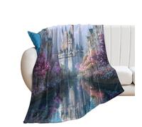 LUYYSKY Beautiful Rustic Magic Castle Lightweight Flannel Blanket Beautiful Rustic Fairy Tale Forest Rainbow Colorful Cherry Blossoms Cozy Soft Throw Blanket, 130x150 cm