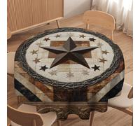 LUYYSKY Beautiful Texas Star Pattern Waterproof Round Tablecloth Modern Retro Western Rustic Geometric Star Print Wooden Texture Washable Table Cover for Kitchen-50 Wx50 L
