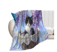 LUYYSKY Beautiful Vintage Oil Painting Cat Flannel Blanket Bedding Sofa Decor Rustic Abstract Spring Garden Plant Lilac Flowers Animal Kitten Soft Warm Throw Blanket, 130x150 cm