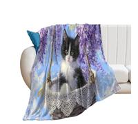 LUYYSKY Beautiful Vintage Oil Painting Cat Lightweight Flannel Blanket Rustic Abstract Spring Garden Plant Lilac Flowers Animal Kitten Cozy Soft Throw Blanket, 150x200 cm