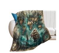 LUYYSKY Beautiful Vintage Old Map Flannel Blanket Bedding Sofa Decor Classic Rustic Ocean Waves Pirate Ship Map Compass Soft Warm Throw Blanket, 150x200 cm