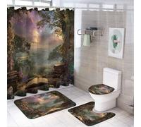 LUYYSKY Beautiful Vintage Open Window 4Pcs Shower Curtain Sets,Rustic Oil Painting Forest Field Wildflowers Landscape Bathroom Sets with Non-Slip Rugs, Toilet Lid Cover And Bath Mat