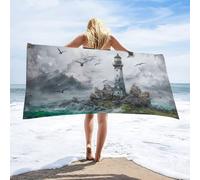 LUYYSKY Beautiful Watercolor Ocean Lighthouse Quick-Drying Beach Towel, Colorful Mid Century Oil Painting Nautical Waves Reef Seagull Travel Vacation Single Sided Pile Bathroom Towels