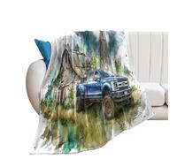 LUYYSKY Beautiful Watercolor Old Truck Flannel Blanket Bedding Sofa Decor Classic Realistic Farm Pine Forest Barn Windmill Blue Truck Soft Warm Throw Blanket, 150x200 cm