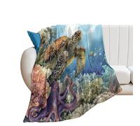 LUYYSKY Beautiful Watercolor Sea Turtle Flannel Blanket Bedding Sofa Decor Classic Realistic Underwater Animals Turtle Octopus Fish Corals Soft Warm Throw Blanket, 130x150 cm
