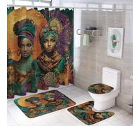 LUYYSKY Boho Rustic Black Girl Shower Curtain Decor Set,Retro Colorful African Woman Indian Mandala Paisley Feathers Bathroom Decor Sets With Rugs,Bathroom Shower Curtain Set