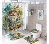 LUYYSKY Cartoon Colorful Gnome Shower Curtain Decor Set,Oil Painting Cute Ocean Beach Tropical Palm Leaf Starfish Bathroom Decor Sets With Rugs,Bathroom Shower Curtain Set