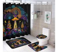 LUYYSKY Cartoon Colorful UFO Theme 4Pcs Shower Curtain Sets,Fantasy Cool Outer Space Nature Plant Mushroom Spaceship Bathroom Sets with Non-Slip Rugs, Toilet Lid Cover And Bath Mat