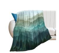 LUYYSKY Chinese Watercolor Misty Forest Flannel Blanket Bedding Sofa Decor Retro Abstract Landscape Mountain Forest Botanical Plants Pine Trees Soft Warm Throw Blanket, 130x150 cm