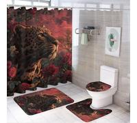 LUYYSKY Classic Abstract Animal Leopard Shower Curtain Decor Set,Romantic Retro South Africa Sunset Wildlife Leopard Roses Floral Bathroom Set With Rugs,Bathroom Shower Curtain Set-182cm W x 182cm L