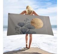 LUYYSKY Classic Abstract Leaf Print Absorbent Beach Towel, Vintage Mid Century Full Moon Botanical Plant Leaf Blue&Gold Pattern Outdoor Single-Sided Velvet Beach Towel