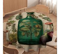 LUYYSKY Classic Antique Green Bottle Waterproof Round Tablecloth Realistic Watercolor Botanical Mushroom Flowers Animal Butterfly Washable Table Cover for Kitchen-177.8" Wx177.8 L cm
