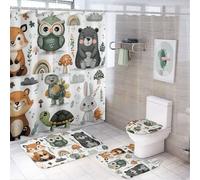 LUYYSKY Classic Cute Fall Woodland 4Pcs Shower Curtain Sets,Funny Anime Rainbow Colorful Forest Animals Owl Fox Bear Rabbit Bathroom Sets with Non-Slip Rugs, Toilet Lid Cover And Bath Mat