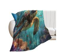 LUYYSKY Classic Nautical Sea Turtle Flannel Blanket Bedding Sofa Decor Funny Tropical Ocean Underwater Animals Turtles Fish Coral Soft Warm Throw Blanket, 150x200 cm
