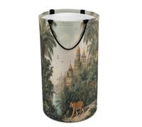 LUYYSKY Classic Realistic Elegant Tiger Versatile Storage Laundry Basket, Retro Oil Painting Castle Tropical Plant Palm Tree Animal Birds Large Bathroom Hamper With Handle-40 CM Dia, 69 CM High