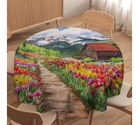 LUYYSKY Classic Realistic Floral Field Round Tablecloth Beautiful Abstract Mountain Farm Barn Log Cabin Tulip Flowers Washable Decor for Table Cover for Kitchen-177.8" Wx177.8 L cm