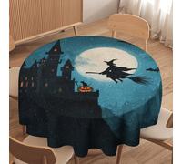 LUYYSKY Classic Retro Witch Silhouette Waterproof Round Tablecloth Rustic Realistic Full Moon Halloween Castle Black Cat Pumpkin Washable Table Cover for Kitchen-152.4" Wx152.4 L cm
