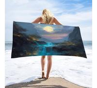 LUYYSKY Classic Romantic Fairy Waterfall Absorbent Beach Towel, Rustic Watercolor Full Moon Enchanted Forest Pattern Outdoor Single-Sided Velvet Beach Towel-80 W cm x 160" L cm