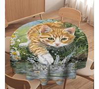 LUYYSKY Classic Rustic Cute Kitten Round Tablecloth Modern Watercolor Botanical Daisies Floral Animal Cat Pattern Washable Decor for Table Cover for Kitchen-152.4" Wx152.4 L cm