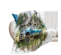 LUYYSKY Classic Vintage Old Truck Lightweight Flannel Blanket American Rustic Farm Pine Forest Barn Windmill Antique Blue Truck Cozy Soft Throw Blanket, 130x150 cm