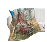 LUYYSKY Classic Vintage Red Tractor Flannel Blanket Bedding Sofa Decor Abstract Patriotic American Flag Natural Farm Windmill Barn Tractor Soft Warm Throw Blanket, 150x200 cm