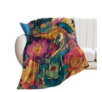 LUYYSKY Classic Watercolor Chinese Dragon Lightweight Flannel Blanket Colorful Abstract Starry Sky Moon Mythical Animal Dragon Red Floral Cozy Soft Throw Blanket, 150x200 cm
