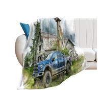 LUYYSKY Classic Watercolor Old Truck Lightweight Flannel Blanket Beautiful Rustic Farm Pine Forest Barn Windmill Blue Truck Cozy Soft Throw Blanket, 150x200 cm