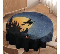 LUYYSKY Classic Watercolor Witch Silhouette Waterproof Round Tablecloth Rustic Vintage Full Moon Halloween Castle Black Cat Pumpkin Washable Table Cover for Kitchen-127 Wx127 L cm