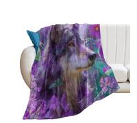 LUYYSKY Colorful Abstract Animal Wolf Lightweight Flannel Blanket Rustic Natural Spring Forest Purple Flowers Floral Wildlife Wolves Cozy Soft Throw Blanket, 150x200 cm