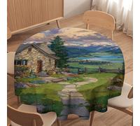 LUYYSKY Colorful Abstract Stone House Waterproof Round Tablecloth Rustic Watercolor Spring Mountain Lanscape Forest Floral Field Lake Washable Table Cover for Kitchen-177.8" Wx177.8 L cm