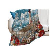 LUYYSKY Colorful Beautiful Lighthouse Lightweight Flannel Blanket Classic Rustic Nautical Ocean Waves Sailboats Floral Bird Seagulls Cozy Soft Throw Blanket, 130x150 cm