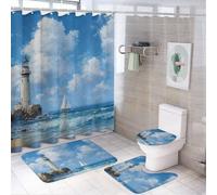 LUYYSKY Colorful Beautiful Summer Lighthouse Shower Curtain Decor Set,Classic Rustic Beach Ocean Waves Lighthouse Ship Seagulls Bathroom Decor Sets With Rugs,Bathroom Shower Curtain Set
