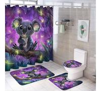 LUYYSKY Colorful Cartoon Koala 4Pcs Shower Curtain Sets,Cute Rustic Misty Forest Butterfly Wild Animal Koala Bathroom Sets with Non-Slip Rugs, Toilet Lid Cover And Bath Mat
