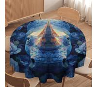 LUYYSKY Colorful Classic Blue Rhinoceros Waterproof Round Tablecloth Modern Abstract Rainforest Rhino Plant Blue Rose Flowers Washable Table Cover for Kitchen
