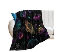 LUYYSKY Colorful Cool Neon Planets Flannel Blanket Bedding Sofa Decor Fantasy Abstract Outer Space Theme Star Constellation Nebula Print Soft Warm Throw Blanket, 130x150 cm