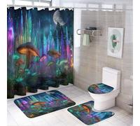 LUYYSKY Colorful Fantasy Mushrooms 4Pcs Shower Curtain Sets,Cool Magic Aurora Fairy Tale Forest Night Floral Mushroom Bathroom Sets with Non-Slip Rugs, Toilet Lid Cover And Bath Mat