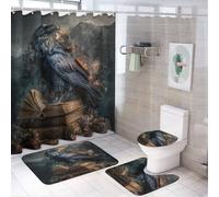 LUYYSKY Colorful Fantasy Ravens 4Pcs Shower Curtain Sets,Vintage Rustic Mid Century Magic Books Wildlife Gothic Crow Bathroom Sets with Non-Slip Rugs, Toilet Lid Cover And Bath Mat