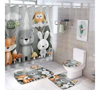 LUYYSKY Colorful Funny Autumn Animals Shower Curtain Decor Set,Beautiful Rustic Mountain Forest Animals Owl Fox Bear Rabbit Bathroom Decor Sets With Rugs,Bathroom Shower Curtain Set