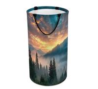 LUYYSKY Colorful Realistic Pine Tree Versatile Storage Laundry Basket, Modern Abstract Sunrise Misty Mountain Plant Pine Forest Pattern Large Capacity Bathroom Hamper With Handle
