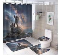 LUYYSKY Colorful Retro Astronaut 4Pcs Shower Curtain Sets,Fantasy Cool Outer Space Nebula Planets Constellation Bathroom Sets with Non-Slip Rugs, Toilet Lid Cover And Bath Mat