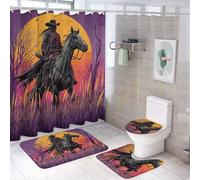 LUYYSKY Colorful Rustic Western Cowboy Shower Curtain Decor Set,Cartoon Realistic Hunting Theme Sunset Running Horse Bathroom Decor Sets With Rugs,Bathroom Shower Curtain Set