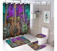 LUYYSKY Colorful Vintage Guitars Shower Curtain Decor Set,Rustic Abstract Music Note Theme Instrument Guitar Bathroom Decor Sets With Rugs,Bathroom Shower Curtain Set