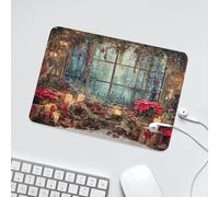 LUYYSKY Colorful Vintage Rustic Window Waterproof Base Mouse Pad Classic Christmas New Year Gifts Plant Red Flowers Desk Accessories Decor Lightweight Mouse Pad-24 x 20 CM