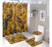 LUYYSKY Colorful Vintage Tree of Life 4Pcs Shower Curtain Sets,Rustic Boho William Morris Spring Flower Birds Plant Peacock Bathroom Sets with Non-Slip Rugs, Toilet Lid Cover And Bath Mat